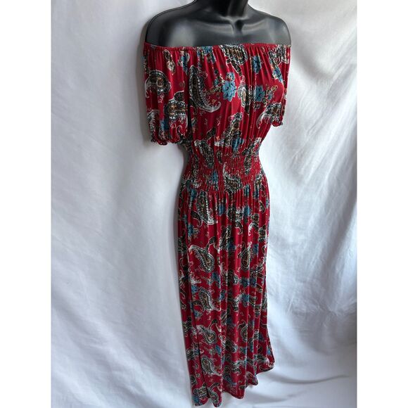 Long Red Paisley Maxi Off Shoulder Dress M/L Romantic Vacation Date Feminine - Picture 3 of 9